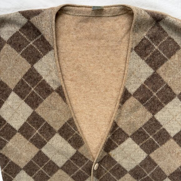 VINTAGE 70s Argyle Indie Grunge Grandpa Tan Brown Cardigan Sweater M/L - Picture 3 of 12